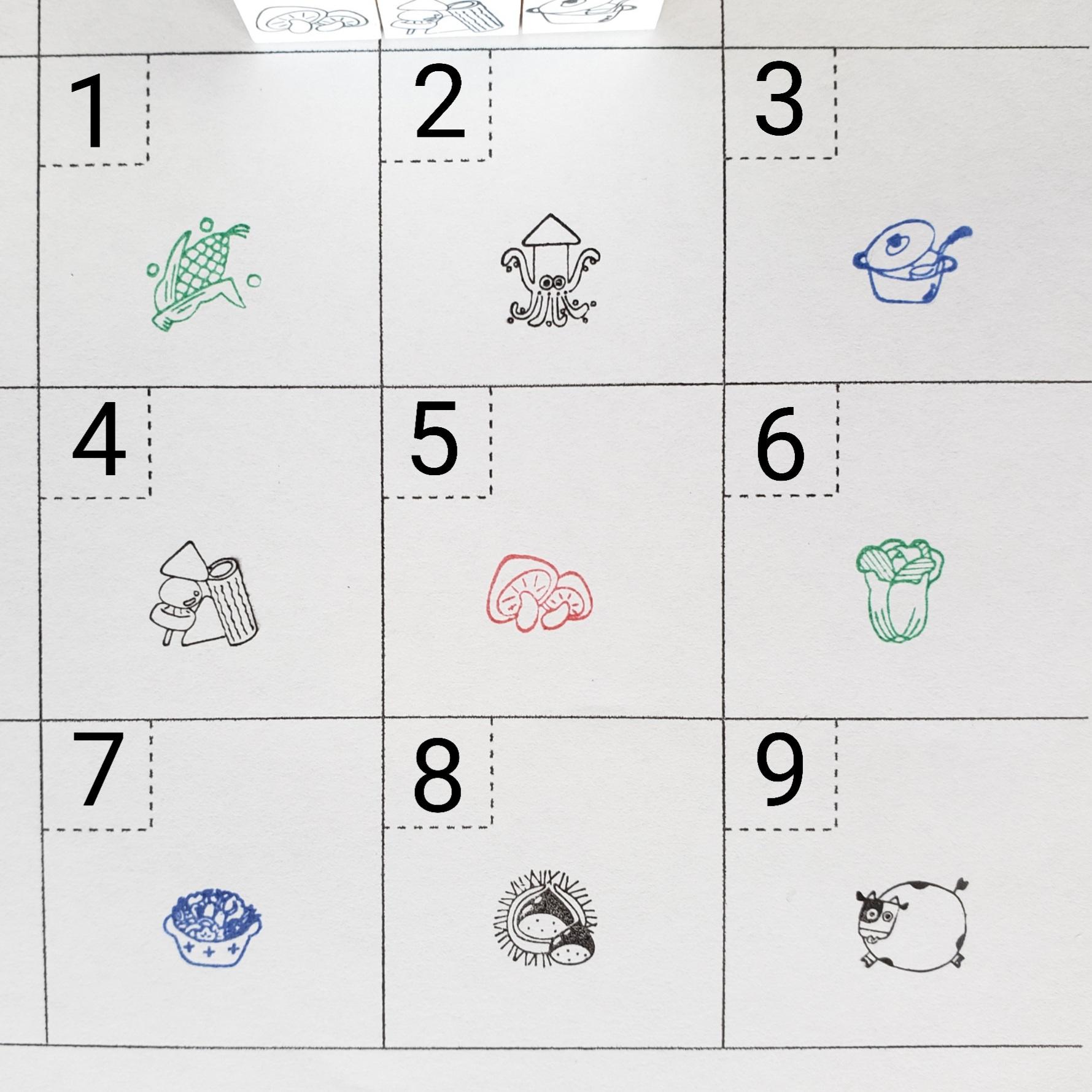 料理レシピに使えるかも!ミニスタンプ(ゴム印)とうもろこしコーンイカ鍋おでんきのこ白菜栗牛野菜1枚目の画像